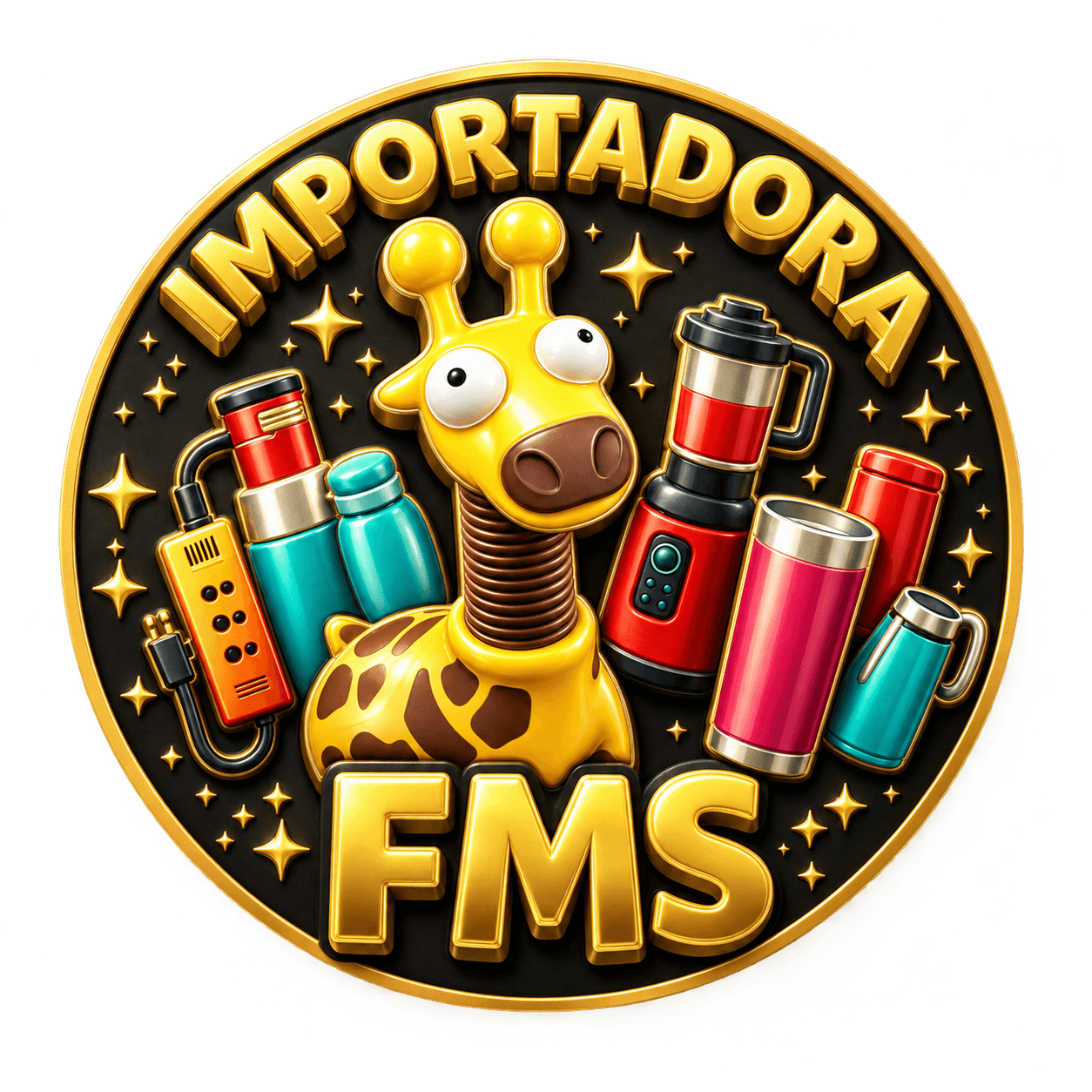 FMS Importadora, medalla dorada con letras y jirafa en relieve